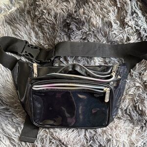 Iridescent Black Holographic Belt Bag with Silver Zippers